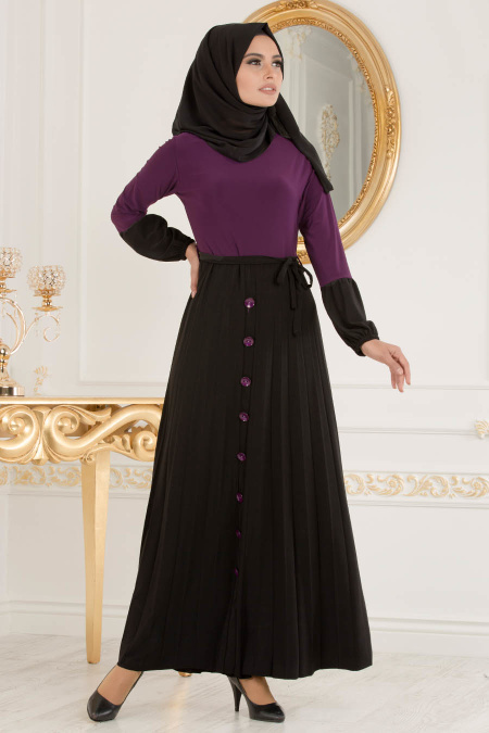 Nayla Collection - Eteği Düğme Detaylı Mor Tesettür Elbise 18025MOR