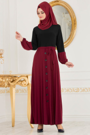 Nayla Collection - Eteği Düğme Detaylı Siyah Tesettür Elbise 18025S - Thumbnail