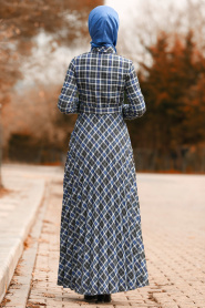 Nayla Collection - Eteği Pileli Kemerli Sax Mavisi Tesettür Elbise 83740SX - Thumbnail