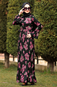 Nayla Collection - Eteği Pileli Kemerli Siyah Tesettür Elbise 83510S - Thumbnail