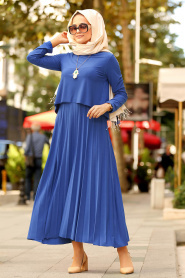 Nayla Collection - Eteği Piliseli Sax Mavisi Tesettür Elbise 31792SX - Thumbnail
