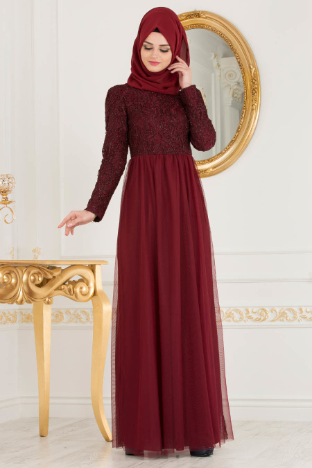 Nayla Collection - Eteği Tül Detaylı Bordo Tesettür Abiye Elbise 37098BR