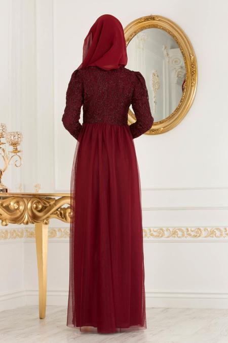 Nayla Collection - Eteği Tül Detaylı Bordo Tesettür Abiye Elbise 37098BR - 3