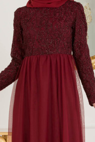 Nayla Collection - Eteği Tül Detaylı Bordo Tesettür Abiye Elbise 37098BR - Thumbnail