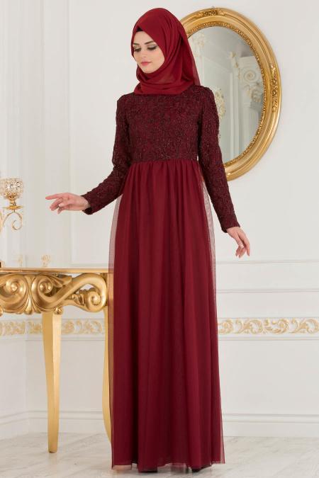 Nayla Collection - Eteği Tül Detaylı Bordo Tesettür Abiye Elbise 37098BR - 2