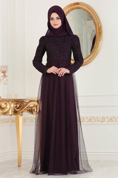 Nayla Collection - Eteği Tül Detaylı Mor Tesettür Abiye Elbise 37098MOR - 2
