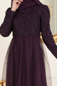 Nayla Collection - Eteği Tül Detaylı Mor Tesettür Abiye Elbise 37098MOR - Thumbnail