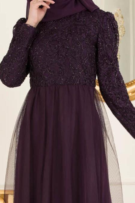 Nayla Collection - Eteği Tül Detaylı Mor Tesettür Abiye Elbise 37098MOR - 4