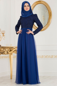 Nayla Collection - Eteği Tül Detaylı Sax Mavisi Tesettür Abiye Elbise 37098SX - Thumbnail
