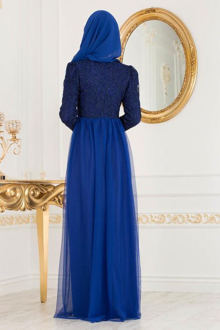 Nayla Collection - Eteği Tül Detaylı Sax Mavisi Tesettür Abiye Elbise 37098SX - 2