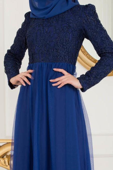 Nayla Collection - Eteği Tül Detaylı Sax Mavisi Tesettür Abiye Elbise 37098SX - 3