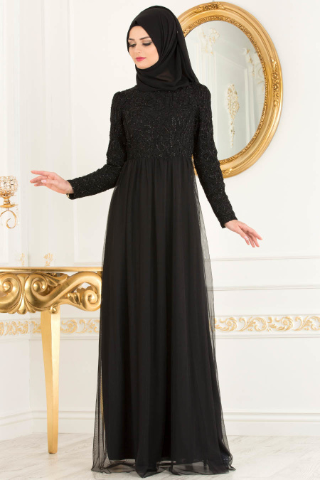 Nayla Collection - Eteği Tül Detaylı Siyah Tesettür Abiye Elbise 37098S