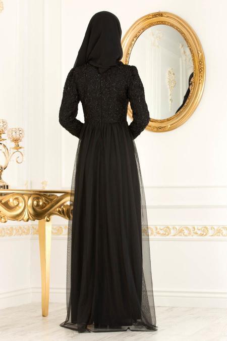 Nayla Collection - Eteği Tül Detaylı Siyah Tesettür Abiye Elbise 37098S - 3