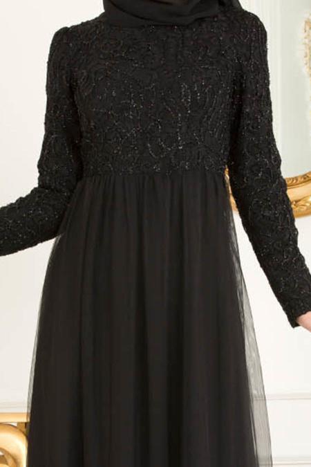 Nayla Collection - Eteği Tül Detaylı Siyah Tesettür Abiye Elbise 37098S - 4