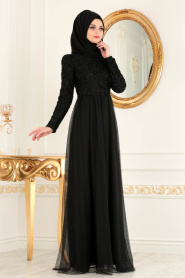 Nayla Collection - Eteği Tül Detaylı Siyah Tesettür Abiye Elbise 37098S - Thumbnail