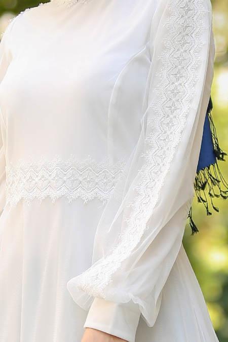 Nayla Collection - Eteği Tüllü Ekru Tesettür Elbise 3708E - 2