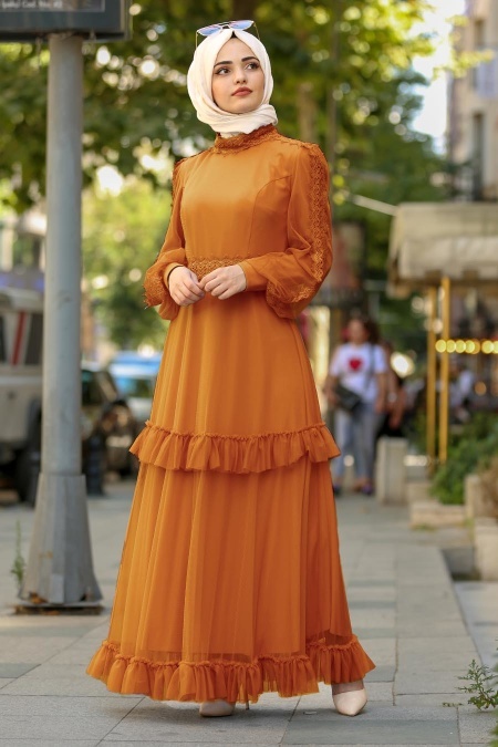 Nayla Collection - Eteği Tüllü Hardal Tesettür Elbise 3708HR