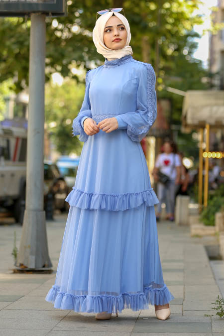 Nayla Collection - Eteği Tüllü Mavi Tesettür Elbise 3708M