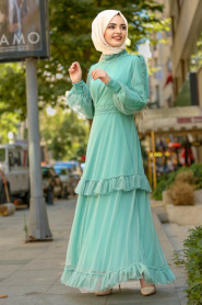 Nayla Collection - Eteği Tüllü Mint Tesettür Elbise 3708MINT - Thumbnail