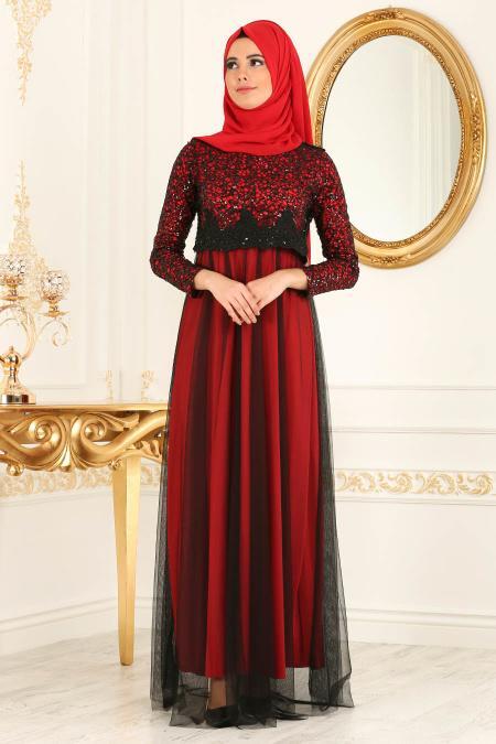 Nayla Collection - Eteği Tüllü Payet Detaylı Bordo Tesettür Abiye Elbise 12013BR - 2