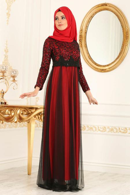 Nayla Collection - Eteği Tüllü Payet Detaylı Bordo Tesettür Abiye Elbise 12013BR - 3