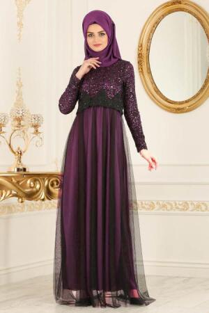 Nayla Collection - Eteği Tüllü Payet Detaylı Fuşya Tesettür Abiye Elbise 12013F - 1