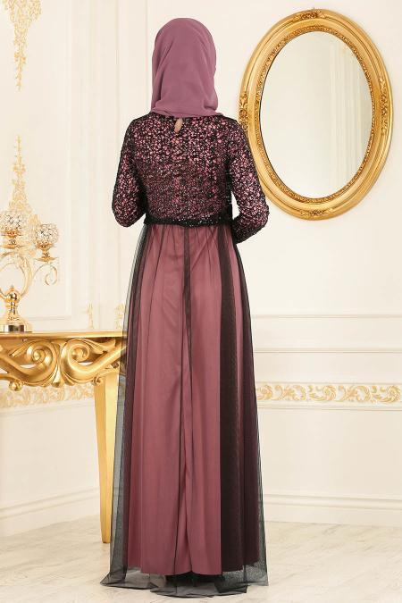Nayla Collection - Eteği Tüllü Payet Detaylı Gül Kurusu Tesettür Abiye Elbise 12013GK - 2