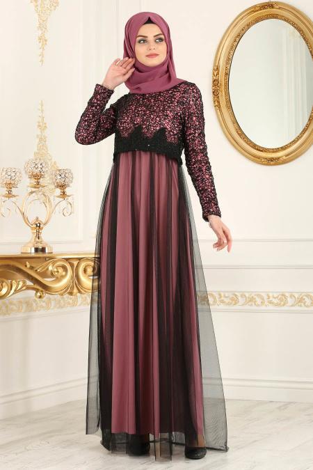 Nayla Collection - Eteği Tüllü Payet Detaylı Gül Kurusu Tesettür Abiye Elbise 12013GK - 3
