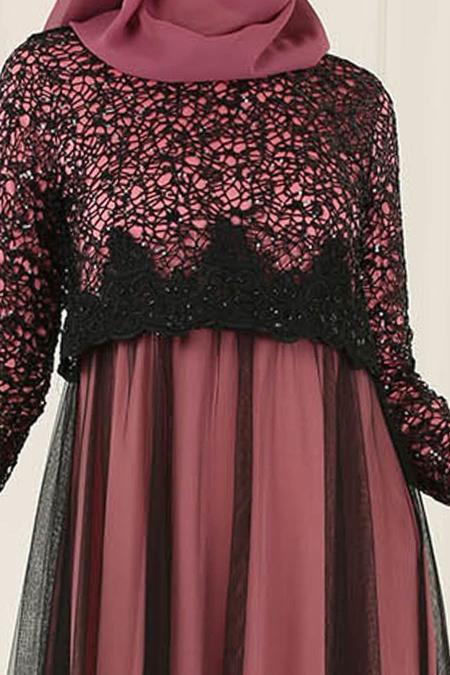 Nayla Collection - Eteği Tüllü Payet Detaylı Gül Kurusu Tesettür Abiye Elbise 12013GK - 4