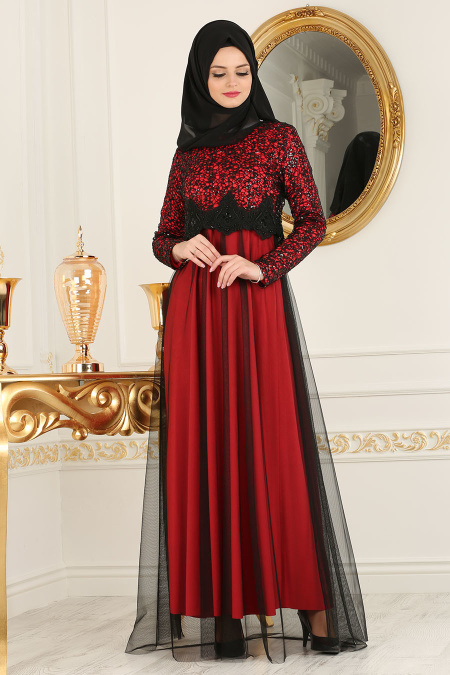 Nayla Collection - Eteği Tüllü Payet Detaylı Kırmızı Tesettür Abiye Elbise 12013K