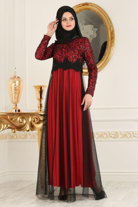 Nayla Collection - Eteği Tüllü Payet Detaylı Kırmızı Tesettür Abiye Elbise 12013K - 2