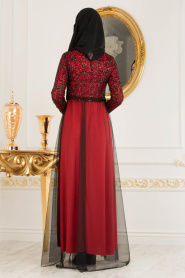 Nayla Collection - Eteği Tüllü Payet Detaylı Kırmızı Tesettür Abiye Elbise 12013K - Thumbnail