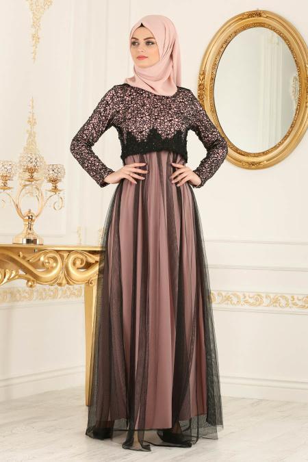 Nayla Collection - Eteği Tüllü Payet Detaylı Pudra Tesettür Abiye Elbise 12013PD - 2