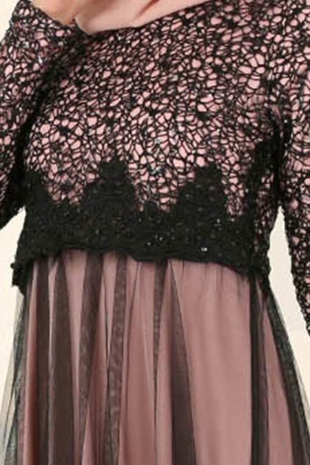 Nayla Collection - Eteği Tüllü Payet Detaylı Pudra Tesettür Abiye Elbise 12013PD - 4