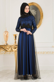 Nayla Collection - Eteği Tüllü Payet Detaylı Sax Mavisi Tesettür Abiye Elbise 12013SX - Thumbnail