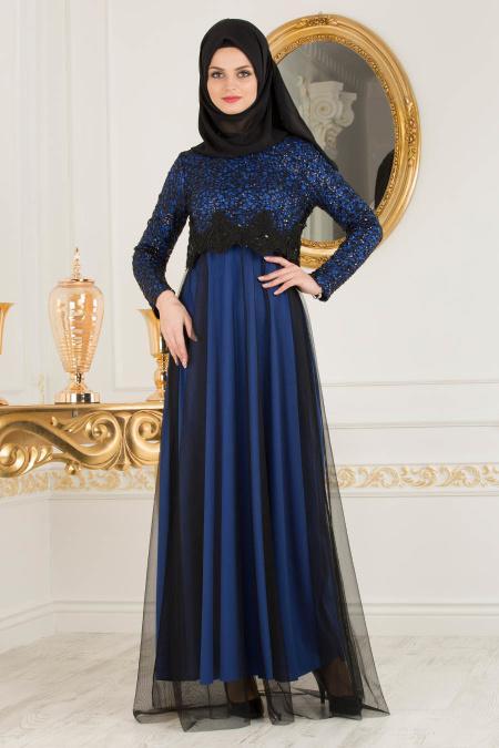 Nayla Collection - Eteği Tüllü Payet Detaylı Sax Mavisi Tesettür Abiye Elbise 12013SX - 2