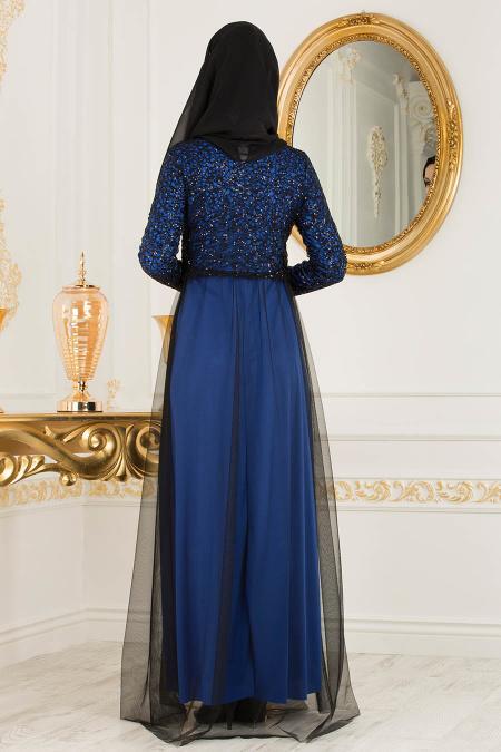 Nayla Collection - Eteği Tüllü Payet Detaylı Sax Mavisi Tesettür Abiye Elbise 12013SX - 3