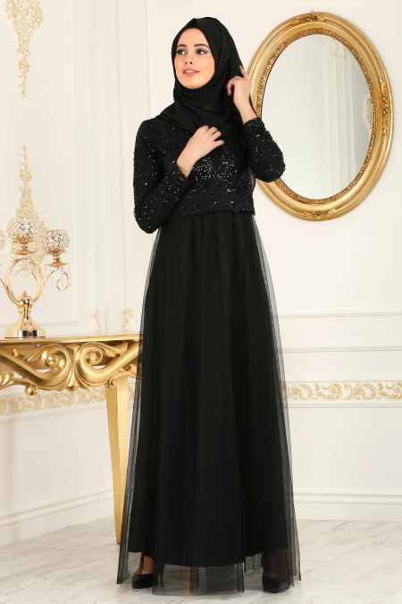 Nayla Collection - Eteği Tüllü Payet Detaylı Siyah Tesettür Abiye Elbise 12013S