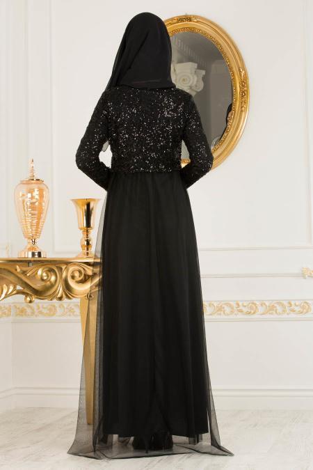 Nayla Collection - Eteği Tüllü Payet Detaylı Siyah Tesettür Abiye Elbise 12013S - 3