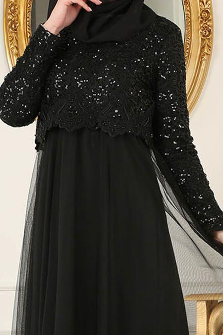 Nayla Collection - Eteği Tüllü Payet Detaylı Siyah Tesettür Abiye Elbise 12013S - 4