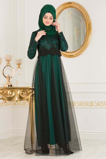 Nayla Collection - Eteği Tüllü Payet Detaylı Yeşil Tesettür Abiye Elbise 12013Y
