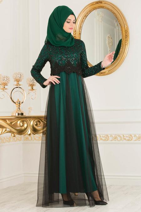 Nayla Collection - Eteği Tüllü Payet Detaylı Yeşil Tesettür Abiye Elbise 12013Y - 2