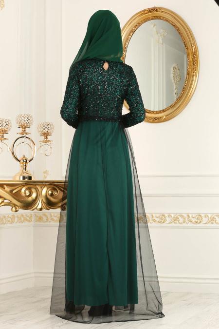 Nayla Collection - Eteği Tüllü Payet Detaylı Yeşil Tesettür Abiye Elbise 12013Y - 3