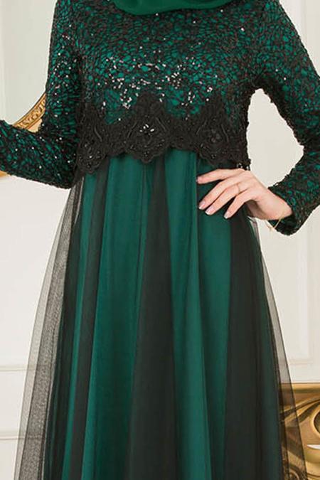 Nayla Collection - Eteği Tüllü Payet Detaylı Yeşil Tesettür Abiye Elbise 12013Y - 4