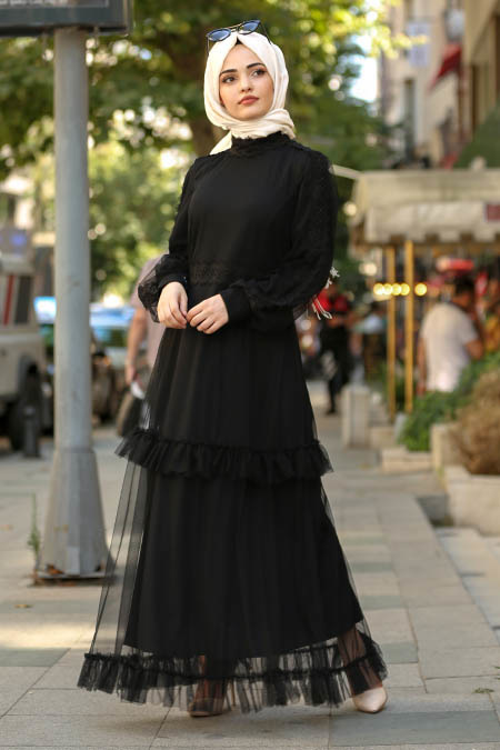 Nayla Collection - Eteği Tüllü Siyah Tesettür Elbise 3708S