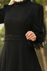 Nayla Collection - Eteği Tüllü Siyah Tesettür Elbise 3708S - Thumbnail