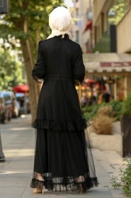 Nayla Collection - Eteği Tüllü Siyah Tesettür Elbise 3708S - Thumbnail