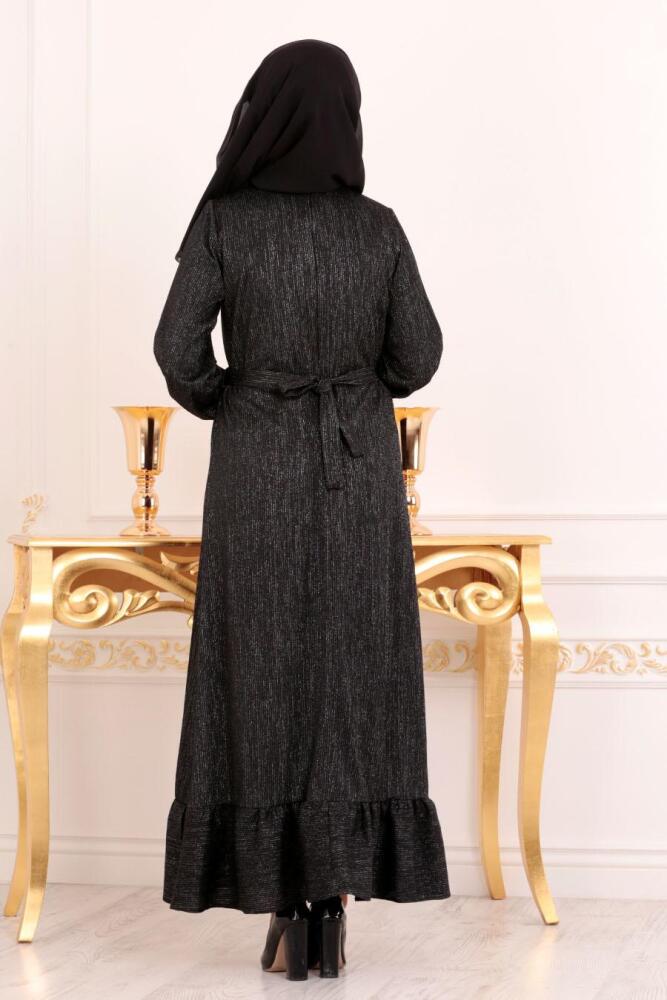 Nayla Collection - Etek Ucu Fırfırlı Siyah Tesettür Abiye Elbise 42580S - 2