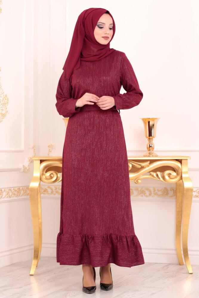 Nayla Collection - Etek Ucu Fırfırlı Vişne Tesettür Abiye Elbise 42580VSN - 1