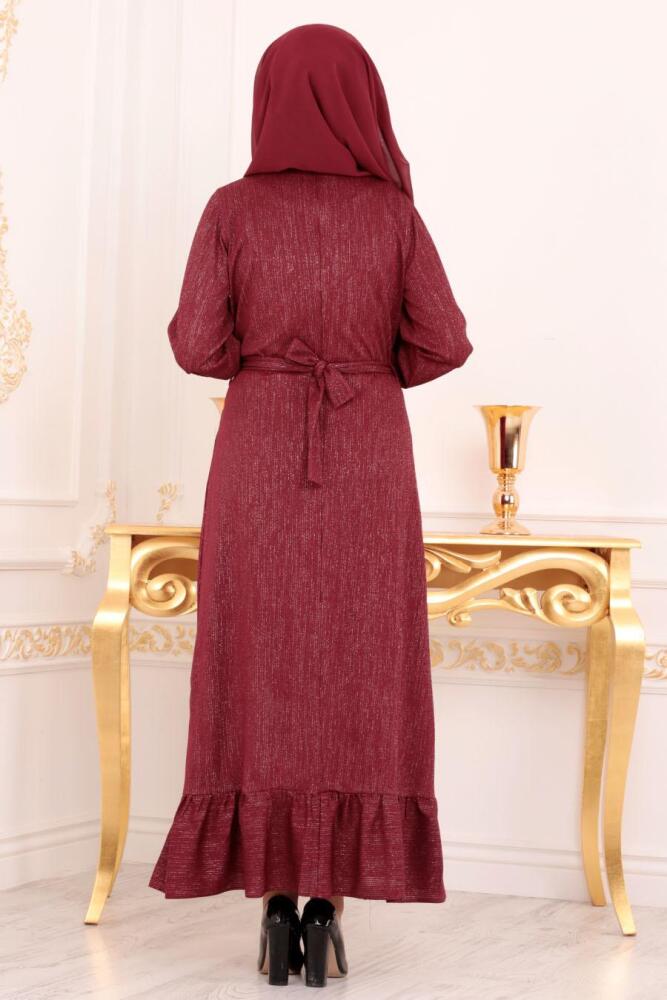 Nayla Collection - Etek Ucu Fırfırlı Vişne Tesettür Abiye Elbise 42580VSN - 2